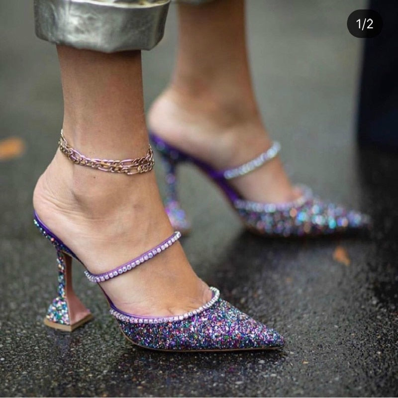 Crystal Sequin Spool Heel Pointed Toe Mule Pumps