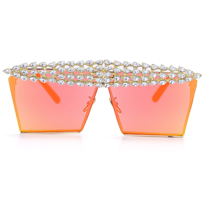 Mirror Reflective Square Diamond Net Flat Top Crystal Punk Sunglasses