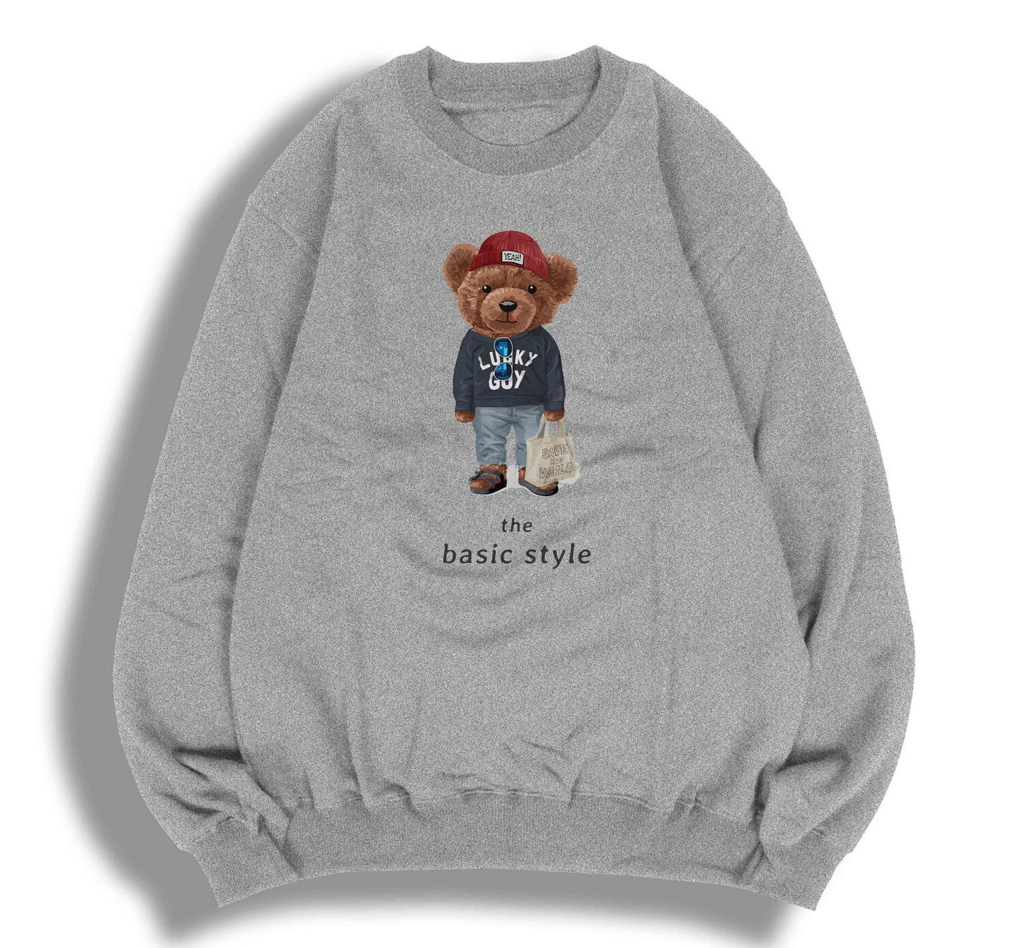 Teddy Bear "The Basic Style" Letter Printed Ladies Crewneck Sweatshirt Long Sleeve