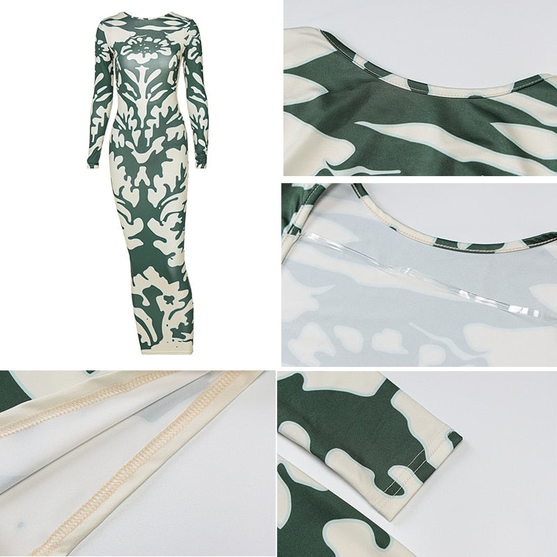 Green/White Leaf Long Sleeve Maxi Dress Backless