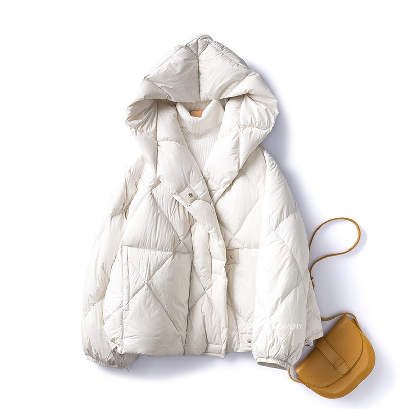 90% Duck Down Short Jacket Women Thick Warm Loose Cocoon Type Hooded Diamond Puffer Jacket