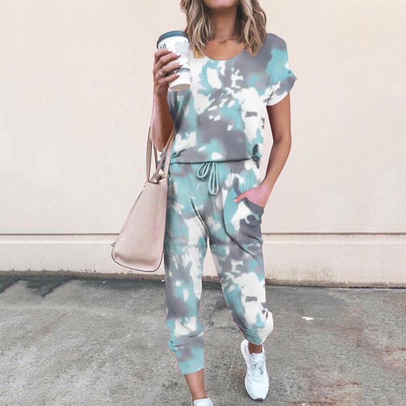 Women's Tie-Dye Print 2-Piece Short-Sleeved Round Neck Top + Drawstring Leggings Set