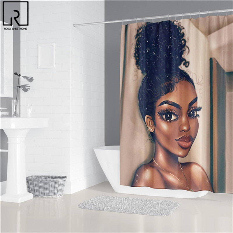 Black Woman Printed Shower Curtain w/ 12 Hooks Bathroom Bath Mat Set Toilet Cover 1/3/4 PCS