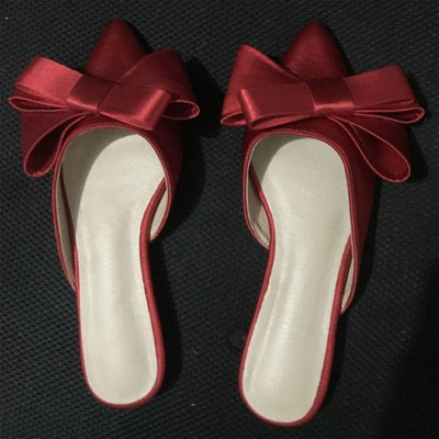 Satin Silk Bowknot Design Pointed Slip-On Flats