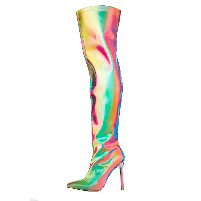 Over Knee Rainbow Patent Leather Pointed Toe Stiletto Heel Side Zipper Boots