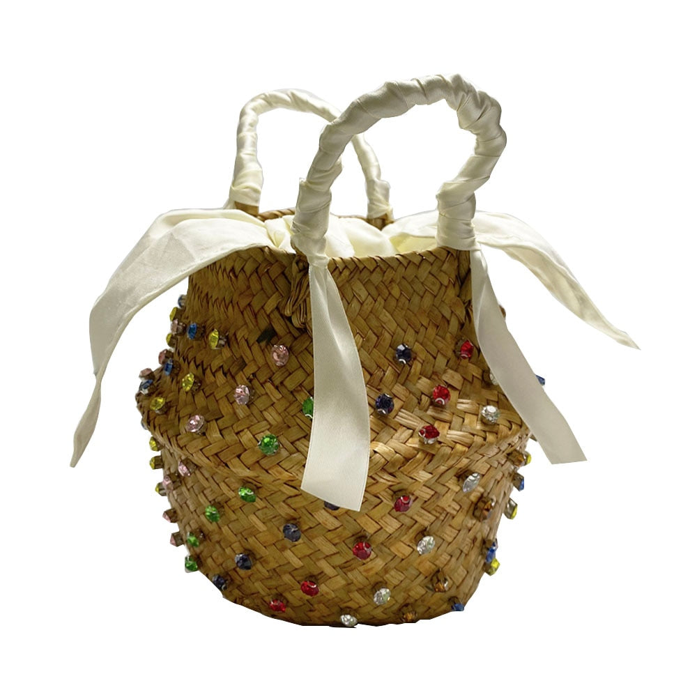 Handmade Crystal Woven Basket Diamond Clutch Straw Bag