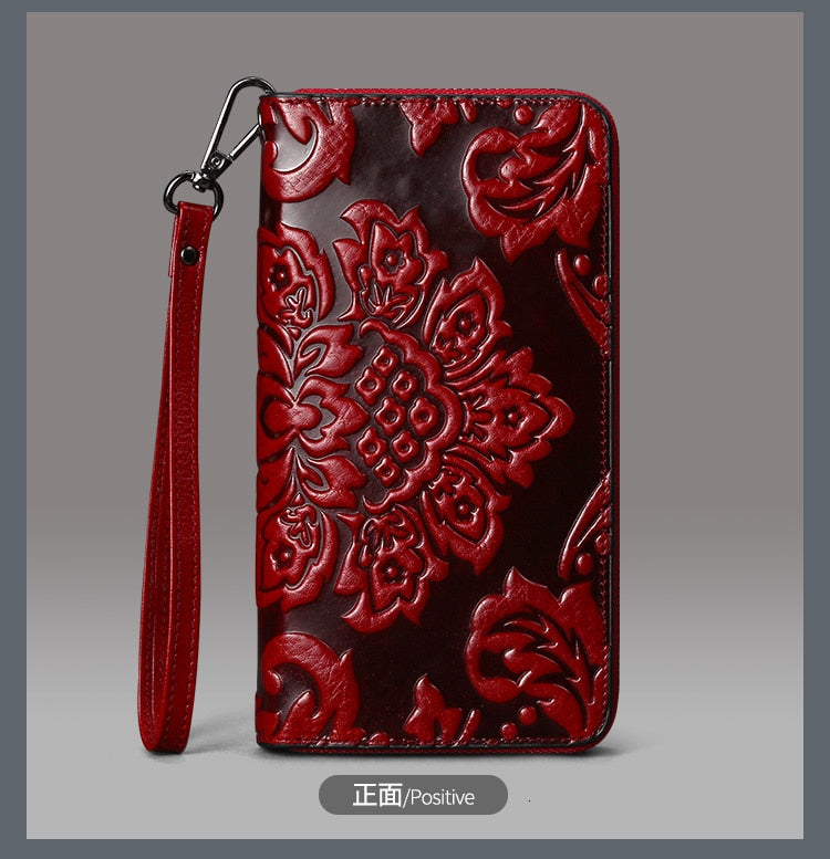 Waxed Leather Oil Embossed Flower Wallet