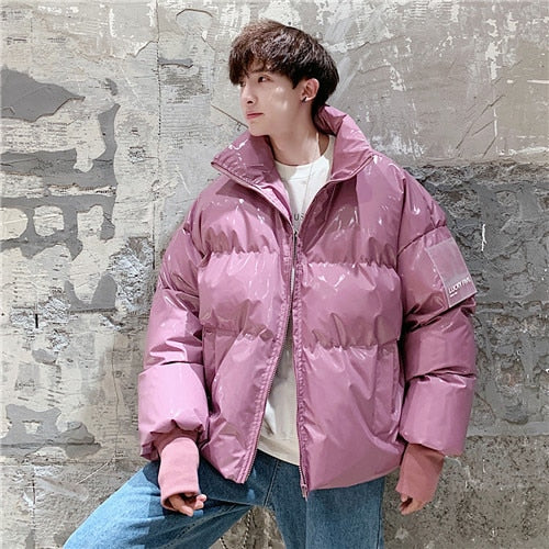 Men's Shiny PU Leather Puffer Bomber Jackets