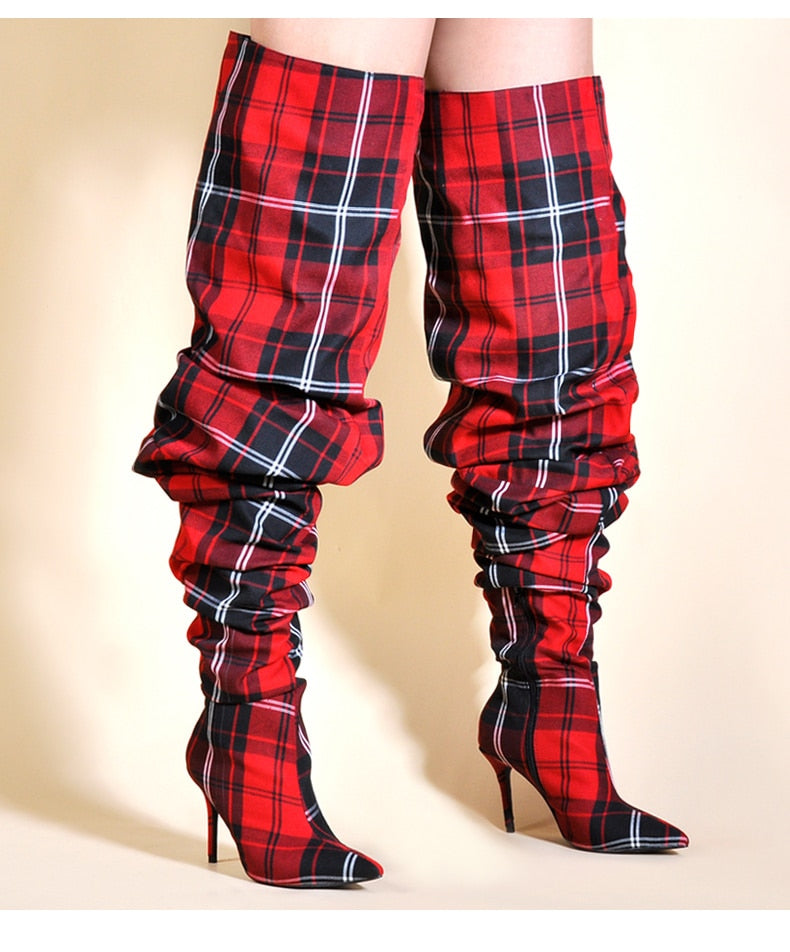 Thigh High Ladies Over The Knee High Heel Plaid Boots