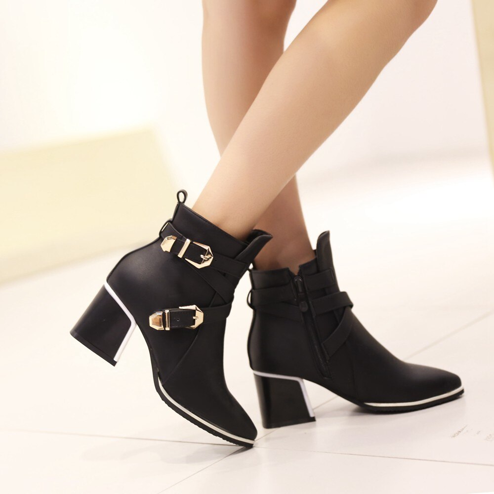 Pointed Toe Square Heel Women's Buckle Zipper High Heel Ankle Boots