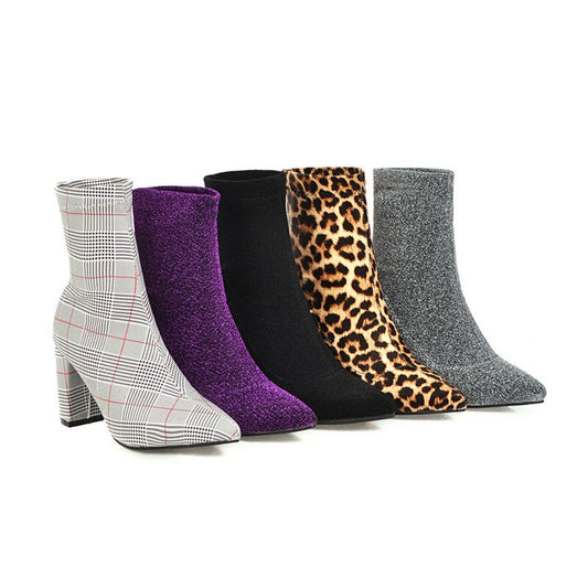 Plaid/Leopard/Solid Print Slip-On Women's Pointed Toe Ankle Boots