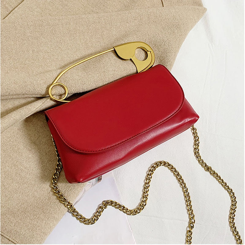 Oversized Gold Metal Safety Pin Pendant PU Leather  Designer Flap Shoulder Bag Clutch Purse