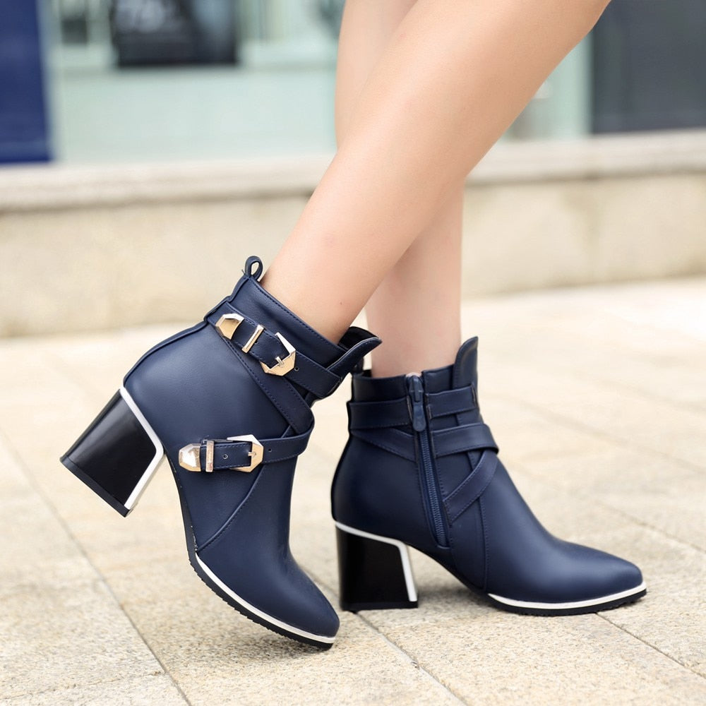 Pointed Toe Square Heel Women's Buckle Zipper High Heel Ankle Boots