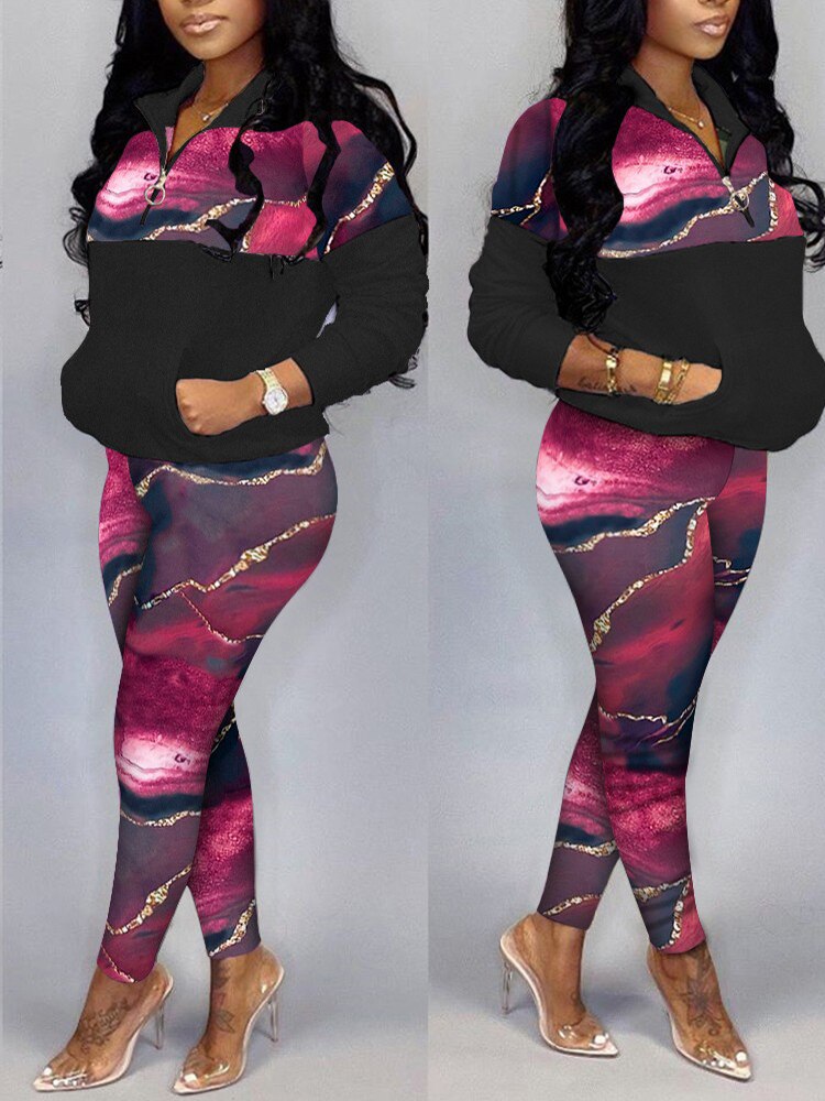 Camoflauge Geometric Print Pocket Zipper Front Pullover & Pants Plus Ladies Sweatsuit to 4X