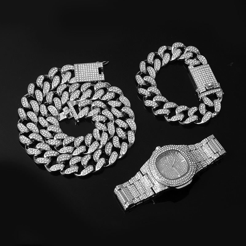 Cuban Chain Necklace + Bracelet + Watch Iced Out Paved Rhinestones CZ Chain Necklace 3-Piece Jewelry Set