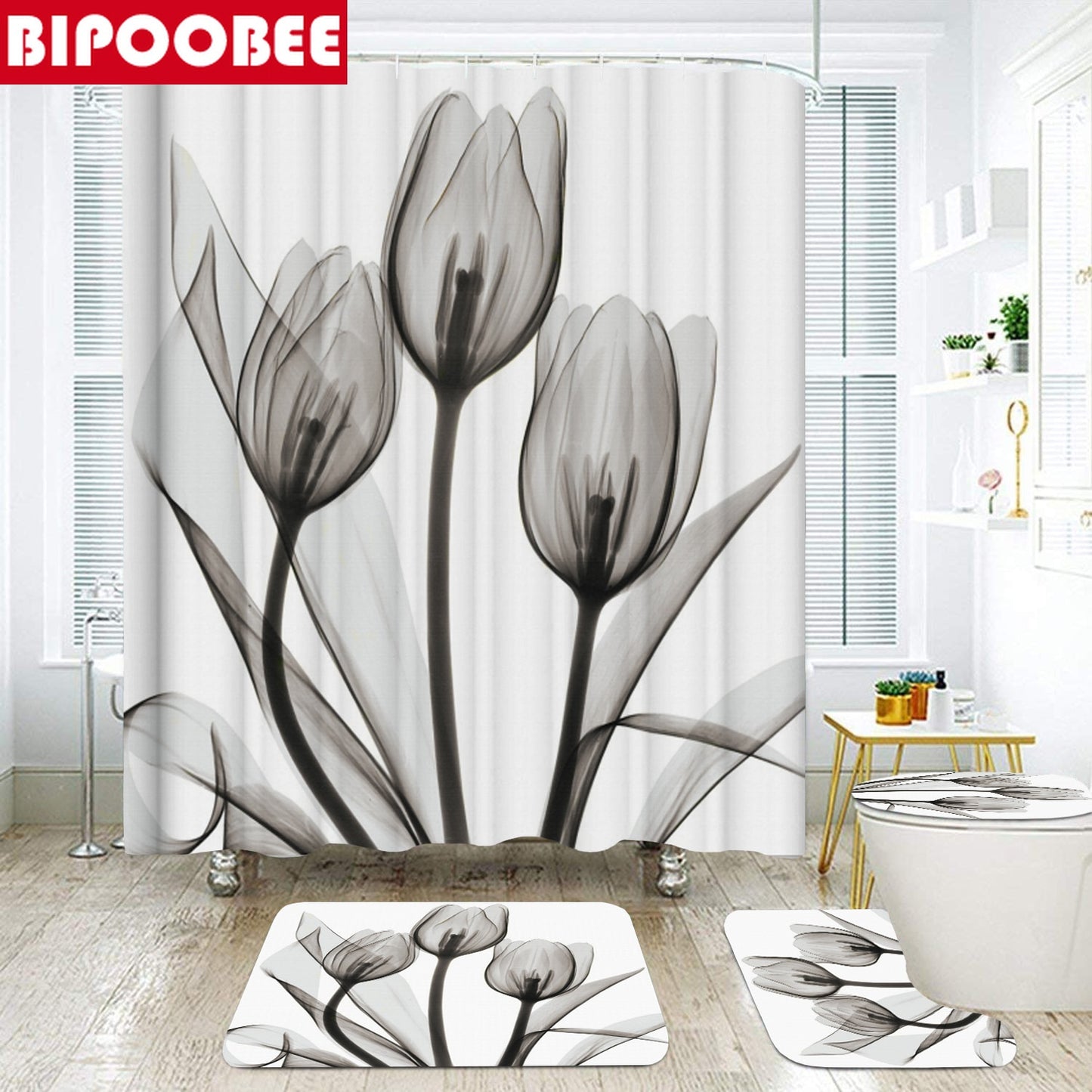 Tulip Lotus Flowers Trees Shower Curtain Sets Non-Slip Rugs Toilet Lid Cover and Bath Mat Waterproof Shower Curtain