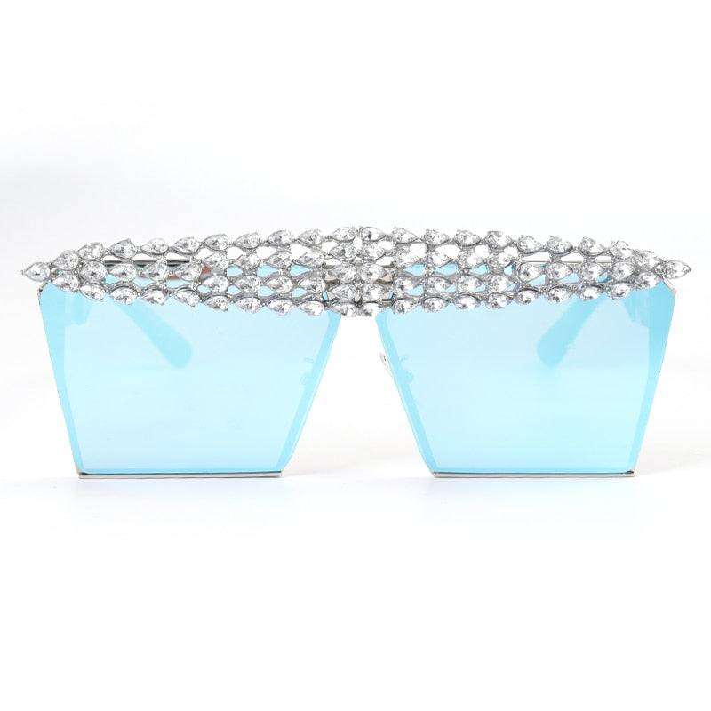 Mirror Reflective Square Diamond Net Flat Top Crystal Punk Sunglasses