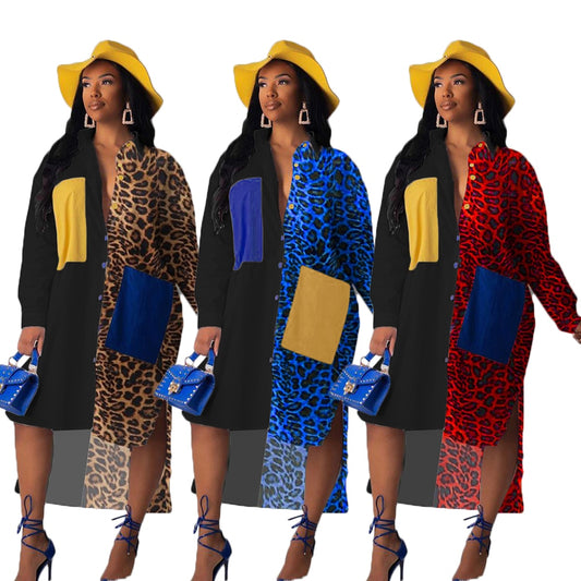 Colorblock Leopard/Geometric/Floral Long Sleeve Turn-Down Collar Oversized Shirt Dresses
