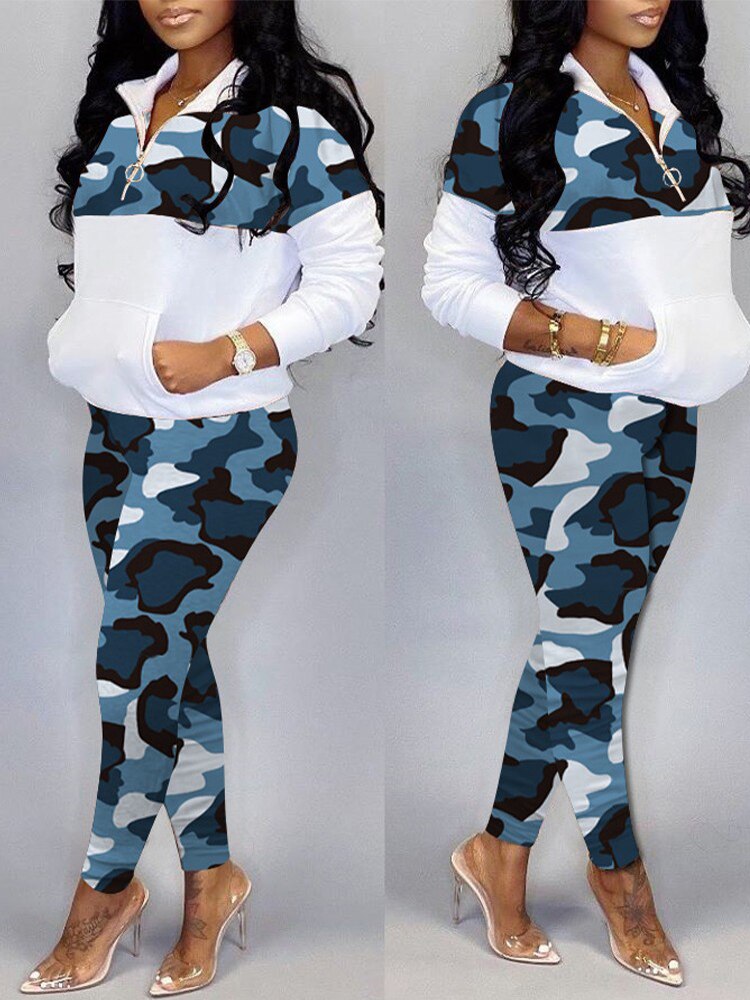 Camoflauge Geometric Print Pocket Zipper Front Pullover & Pants Plus Ladies Sweatsuit to 4X