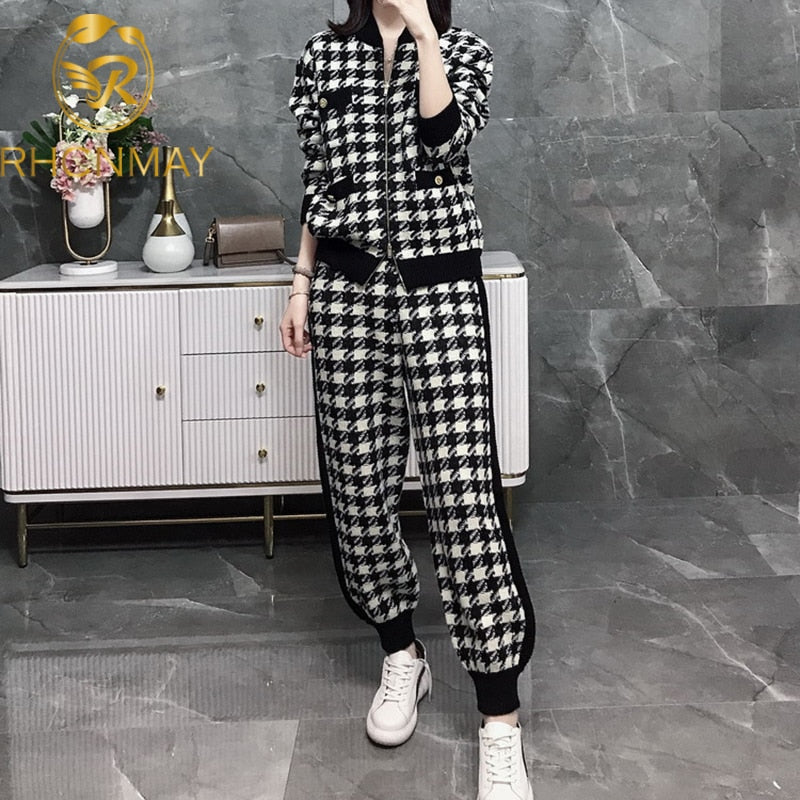 Women's Knitted Houndstooth Zipper Plaid Cardigan Sweater + Sweatpants 2-Piece Set