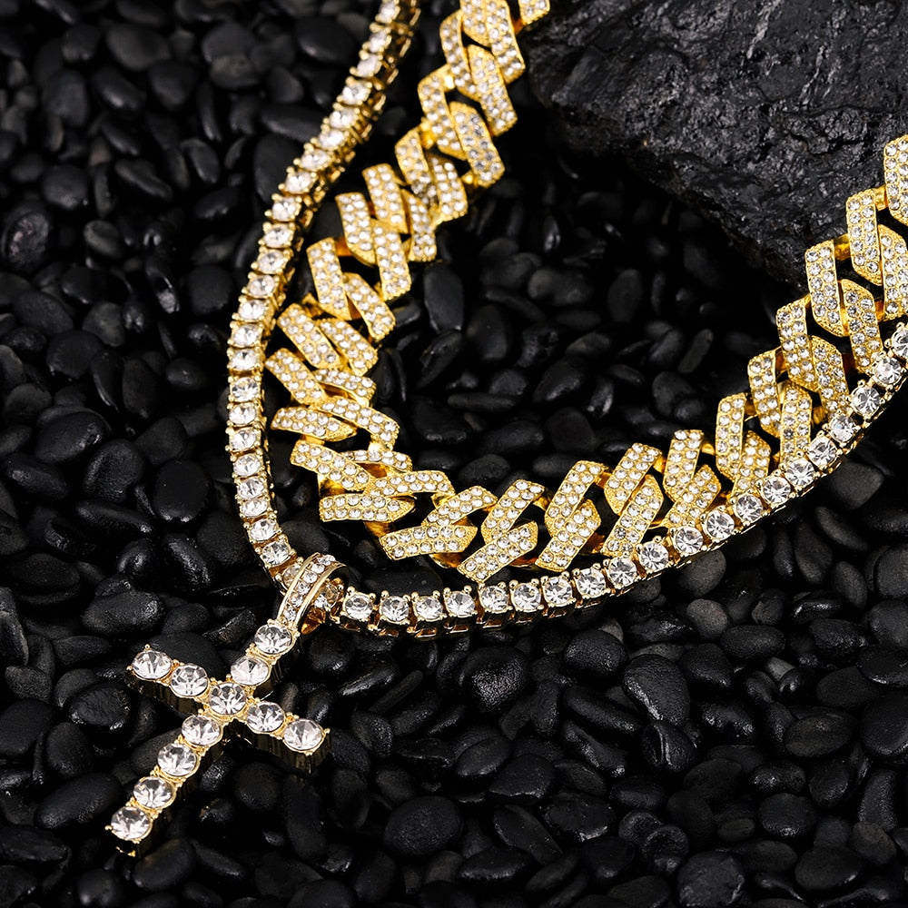 Iced Out Diamond Cross Pendant Necklaces-Gold or Silver Chain