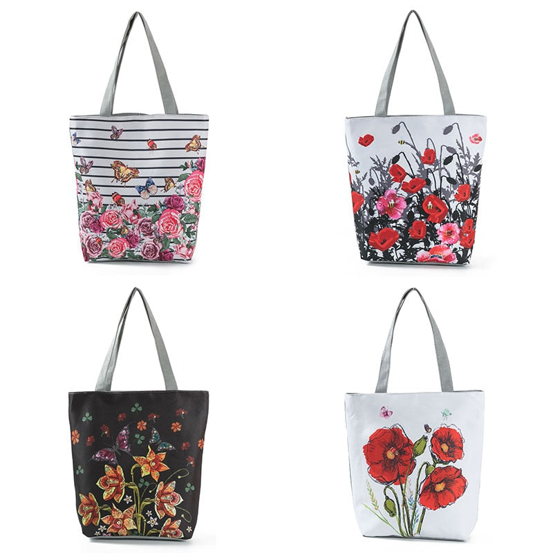 Floral Print Women Shoulder Canvas Shopping Tote Bag