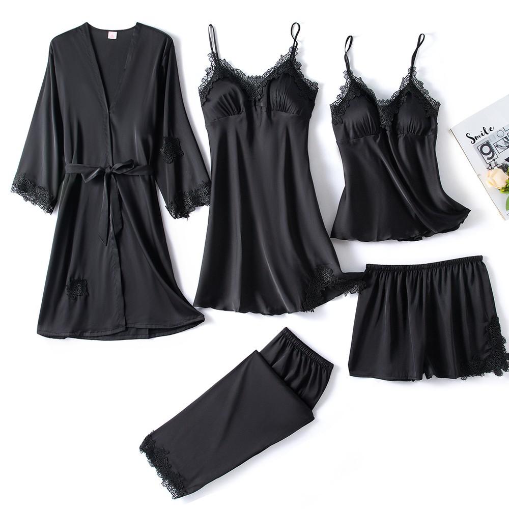 Satin 5-Piece Matching Women's Pajama Set: Robe, V-Neck Camisole, Pants Pants, Teddy Lingerie Top & Shorts