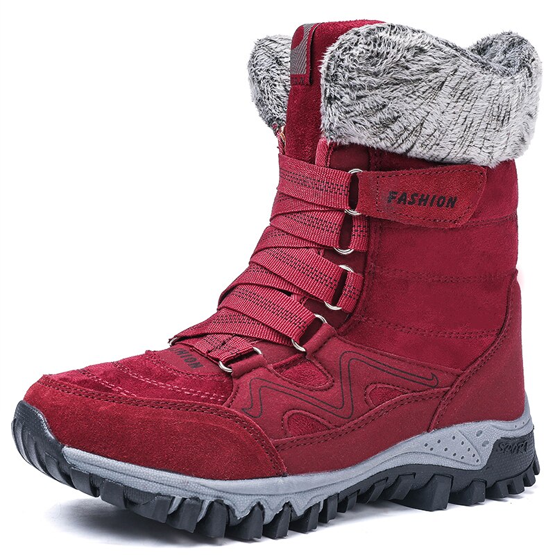 Furry Top Suede Leather Women's Waterproof Ankle Snowboots