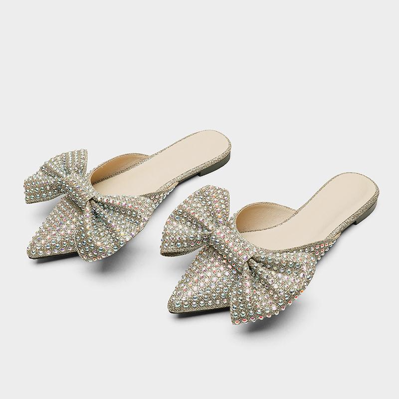 Crystal Bowtie Pointed Toe Square Ultra-Thin Heel Sandal Pumps