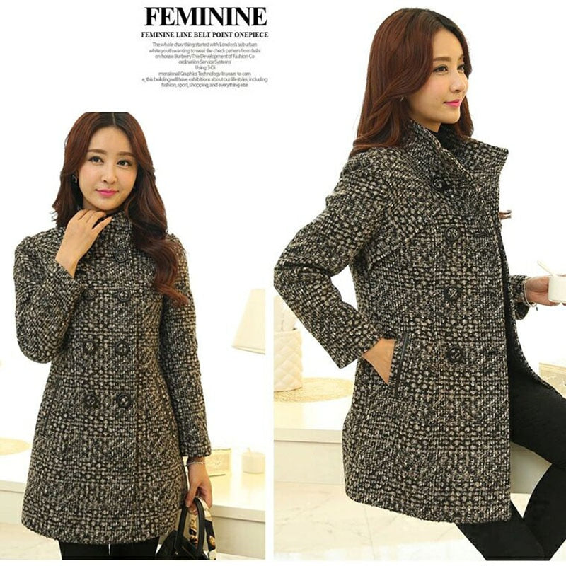 Women's Plaid Wool Mid Length Coat