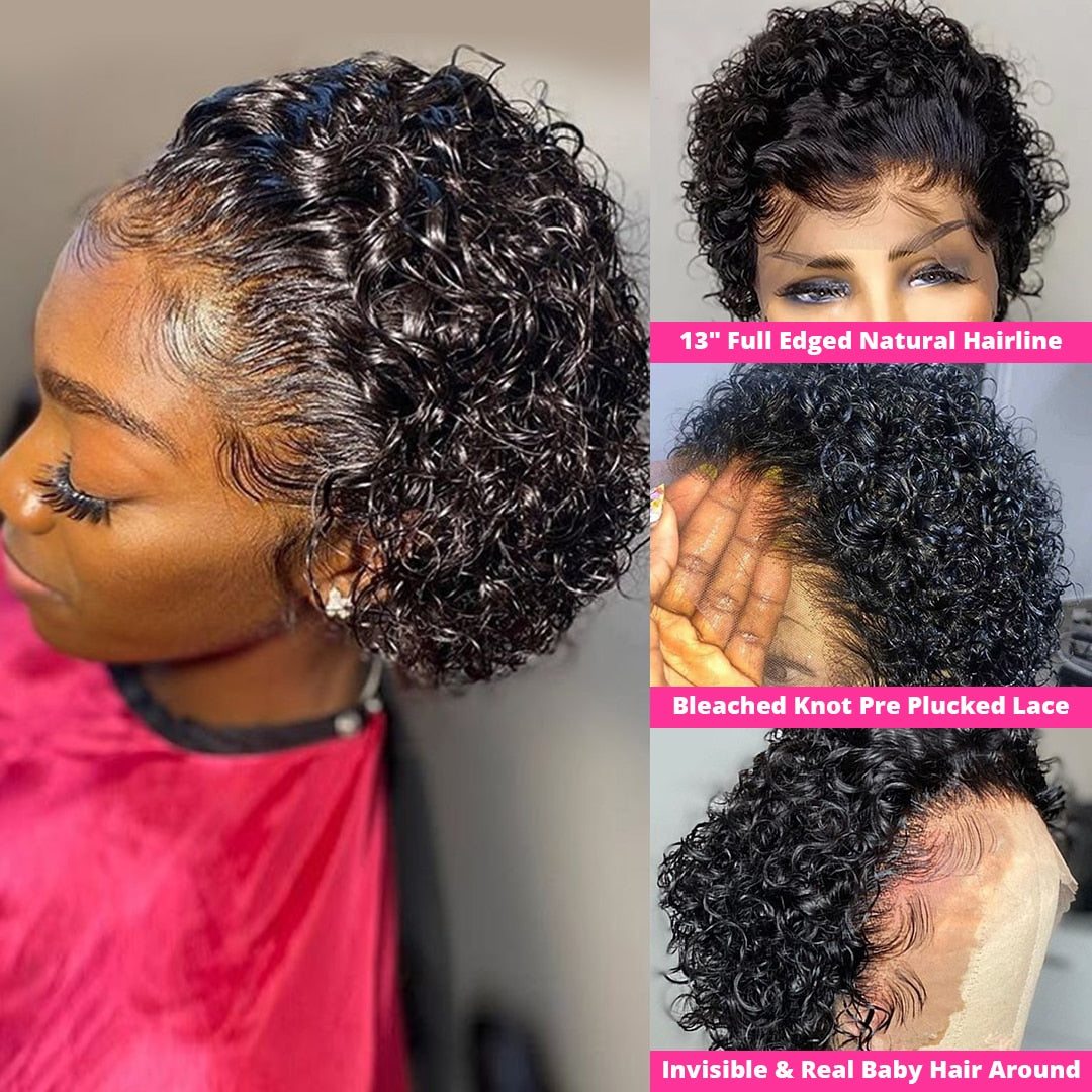 Pixie Cut Short Curly 100% Human Hair 13X1 HD Transparent Lacefront Pre-Plucked Wigs