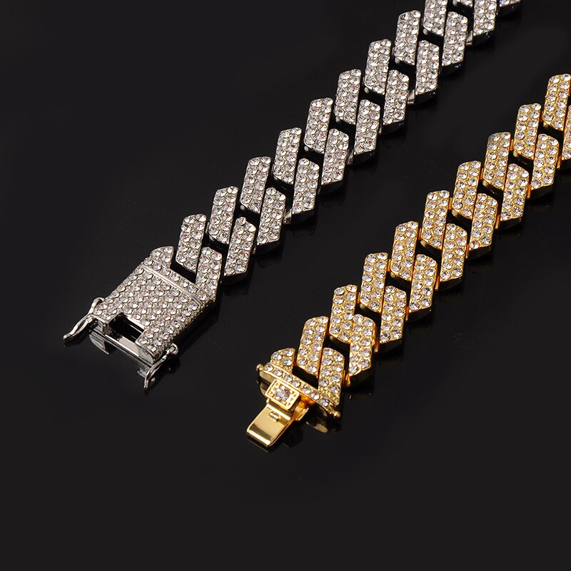 Hip-Hop Iced Rhinestone Prong Cuban Chain CZ Bling Chain + Bracelet + Watch 2-Piece & 3-Piece Jewelry Sets