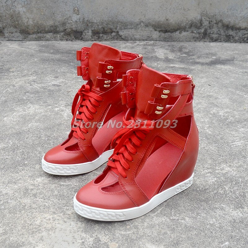 Cut-Out Lace Up Round Toe Solid Red Real Leather Back Zipper Ankle Boots