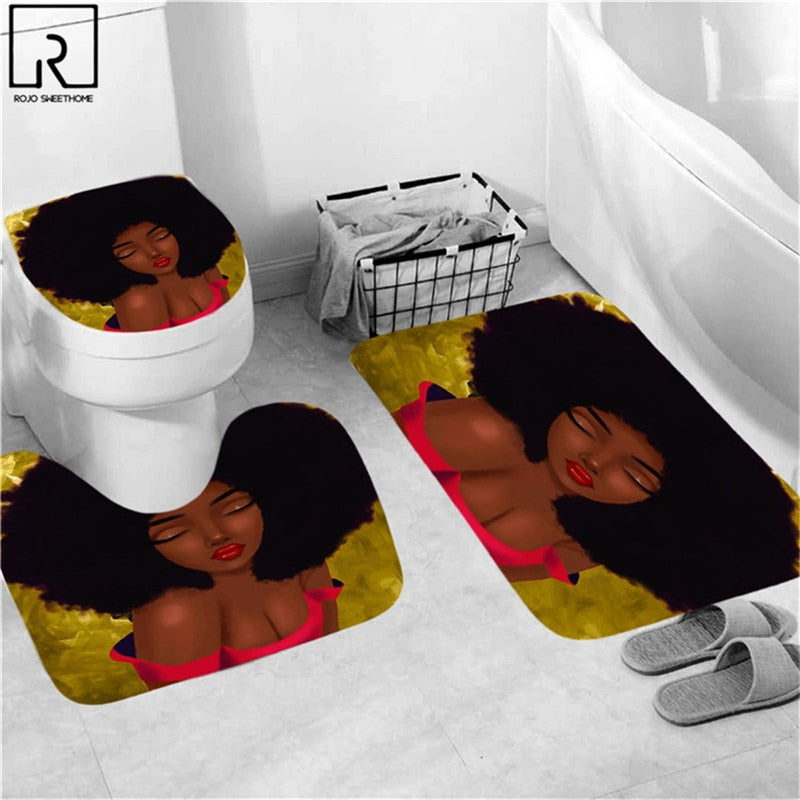 Black Woman Printed Shower Curtain w/ 12 Hooks Bathroom Bath Mat Set Toilet Cover 1/3/4 PCS