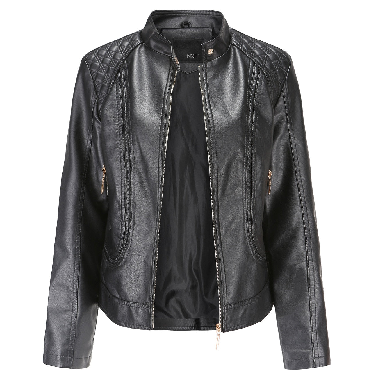 Solid Zipper Women's PU Leather Mandarin Collar Motorcycle Biker Jacket