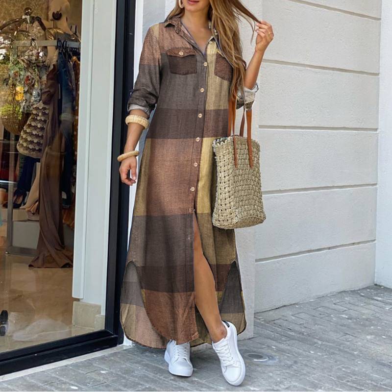 Plaid Colorblock Long Sleeve Maxi Shirt Dress