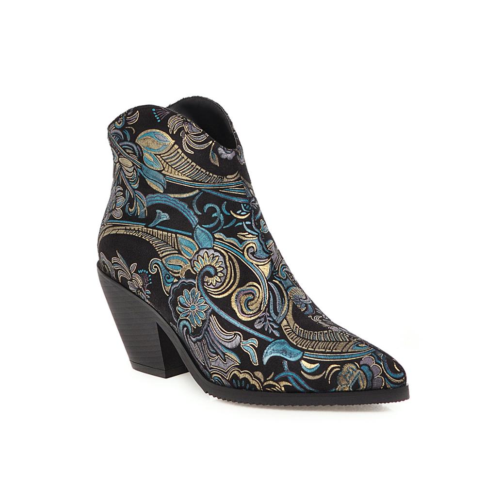 Paisley Embroidered PU Leather Wedge Snake Print Western Cowgirl Ankle Boots