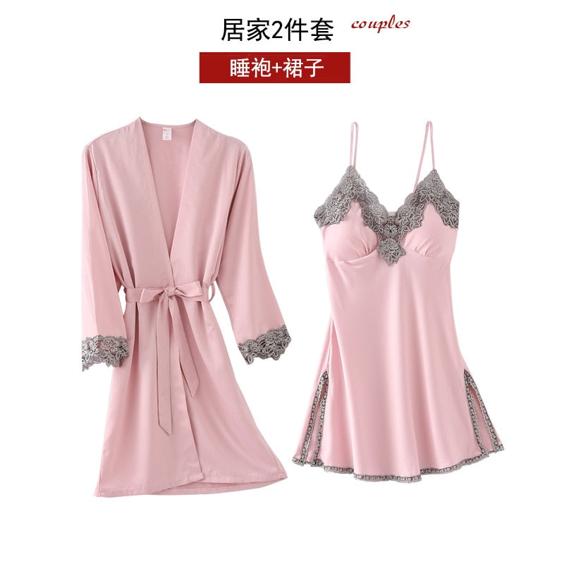 Satin 5-Piece Matching Women's Pajama Set: Robe, V-Neck Camisole, Pants Pants, Teddy Lingerie Top & Shorts