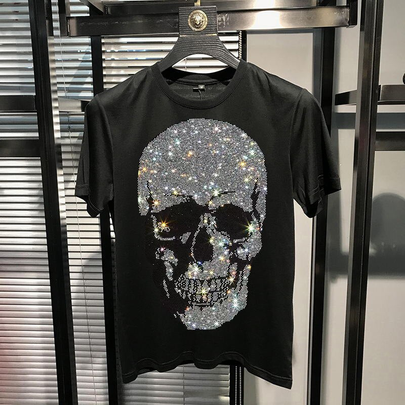 Men's Silver Rhinestone Skull Head Oversized T-Shirt