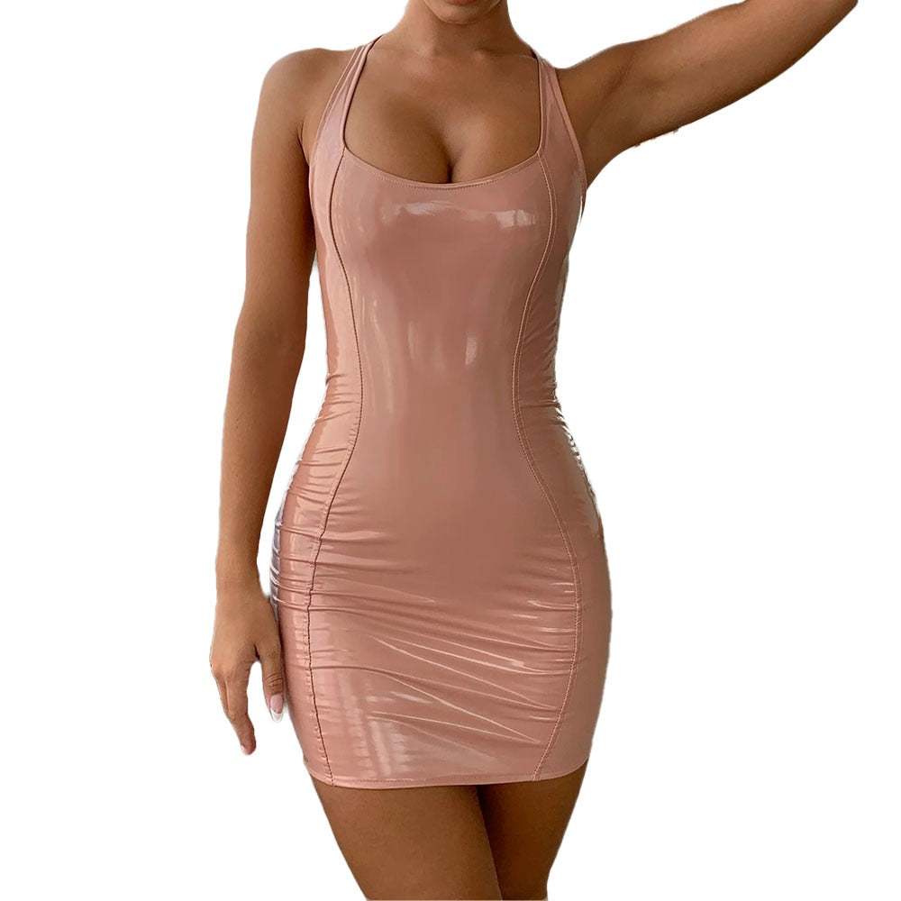 Skinny Faux Leather Camisole Spaghetti Strap Bodycon Mini Club Dress