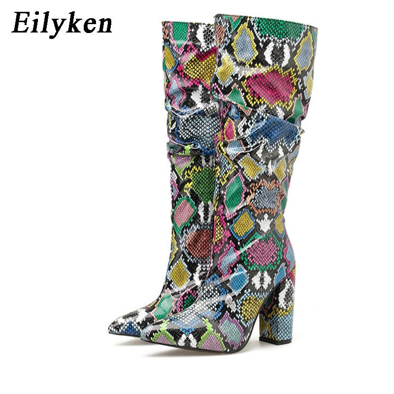 Pleated Colorful Snake Grain Knee High Pointed Toe Zipper Boots