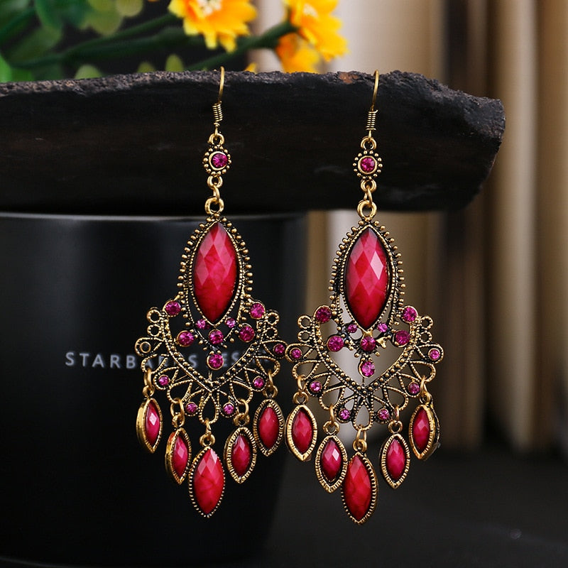 Alloy Hollow Rhinestone Tassel Wedding Earrings Danglers Boho Ethnic Geometric Earrings