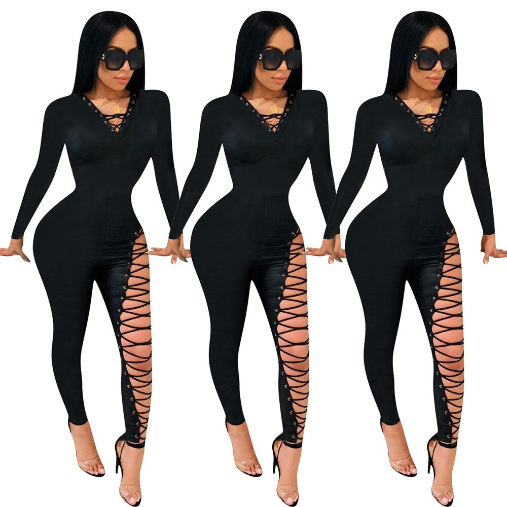 Black V-Neck Long Sleeve Lace-Up Cross Hollow-Out Jumpsuit