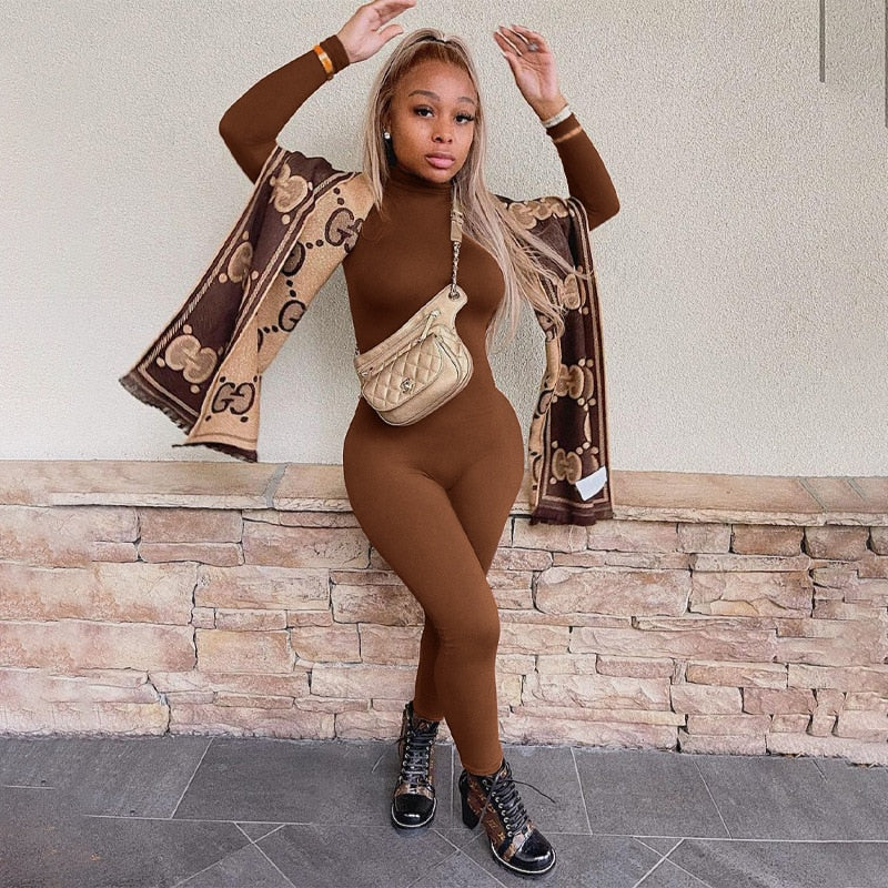 Fitness Ladies Solid Turtleneck Skinny Bodycon Jumpsuit