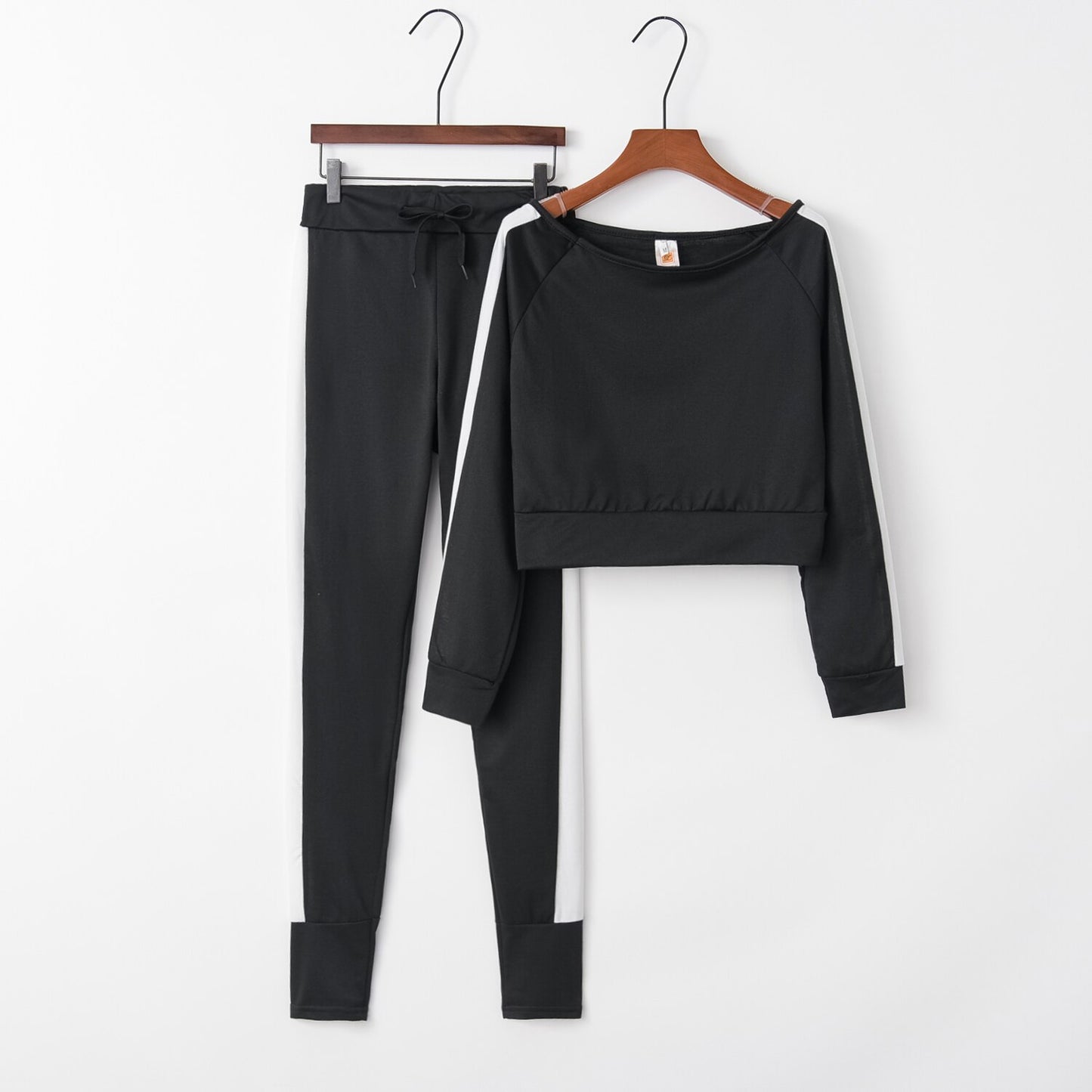 Patchwork Women's Set w/ Long Sleeve O-Neck Crop Top + Side Striped Sweatpants Tracksuit