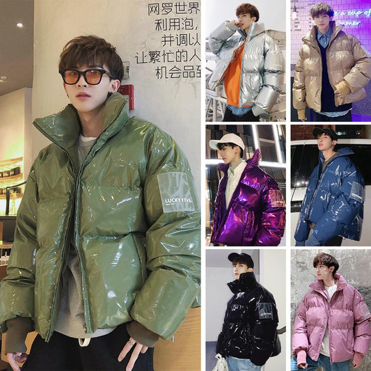 Men's Shiny PU Leather Puffer Bomber Jackets