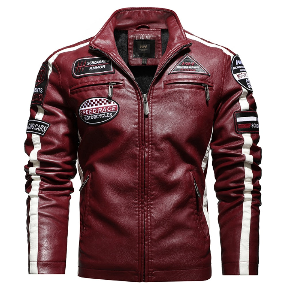 Side Striped Men's Logo Embroidery Leather Bomber Slim Fit Motorcycle Jacket