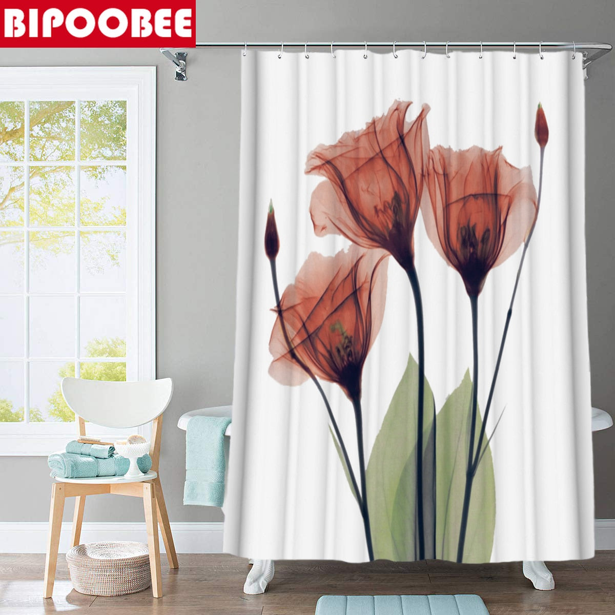 Tulip Lotus Flowers Trees Shower Curtain Sets Non-Slip Rugs Toilet Lid Cover and Bath Mat Waterproof Shower Curtain