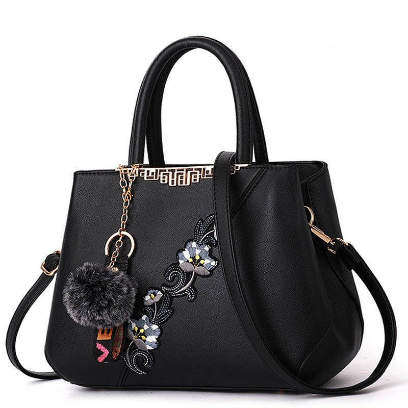 Colorblock Embroidered Messenger Leather Handbag