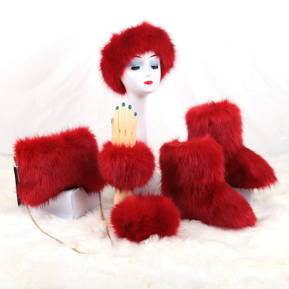 Faux Fur 4-Piece Set w/ Hat, Bag, Bracelet & Furry Ankle Snowboots